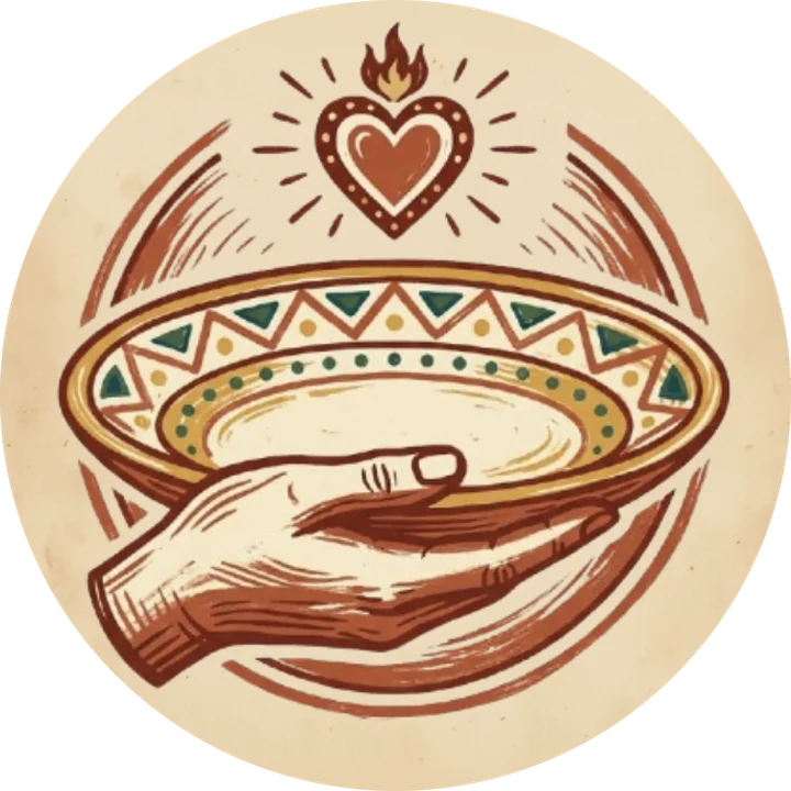 Mesa y Corazón Hospitality logo: a hand holding a Talavera-style plate beneath a flaming heart